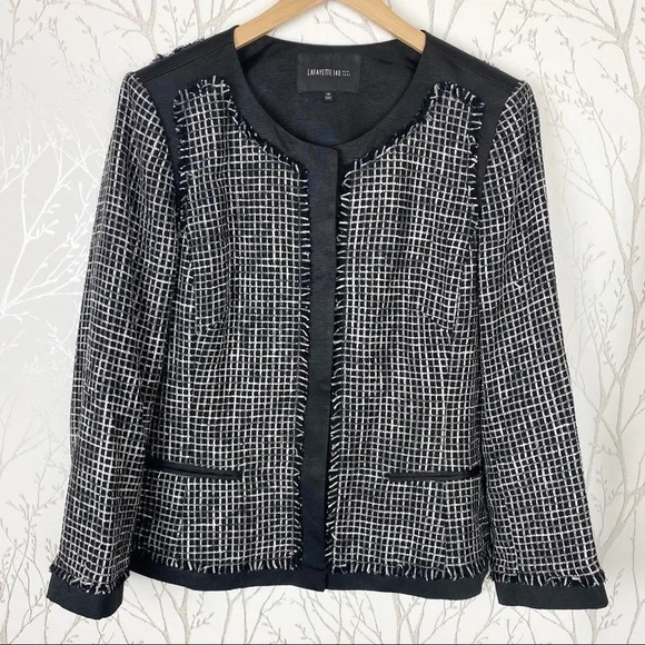 LAFAYETTE 148 NEW YORK Black Textured Tweed Grid Fringe Blazer Jacket 14 office - Picture 15 of 16
